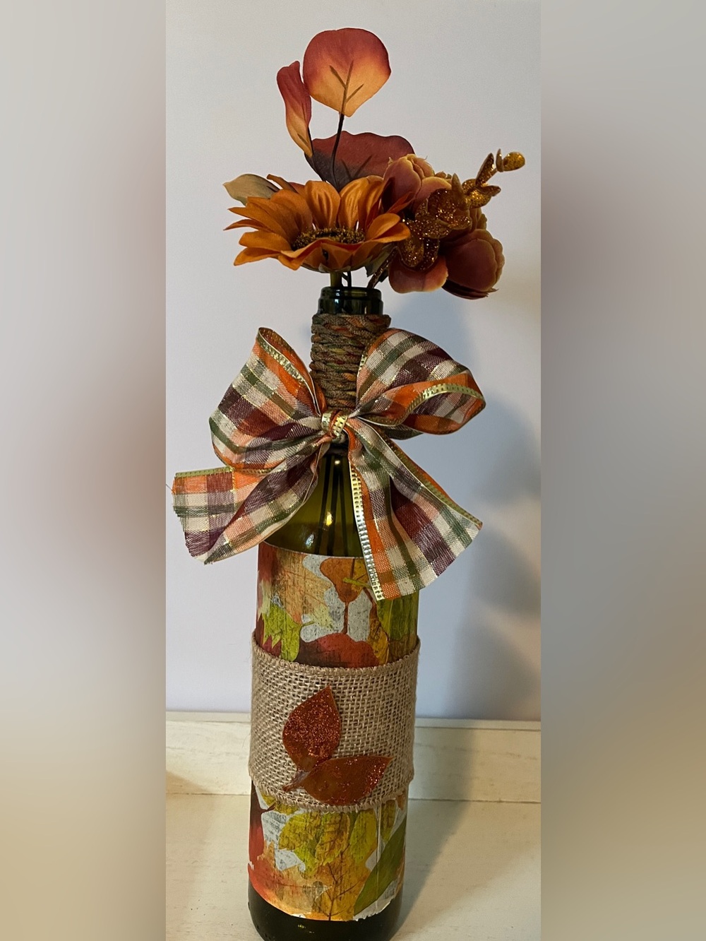 Autumn Plaid Ribbon Decorative Bottle Bow - Orange, Green, Brown